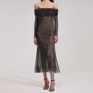 Self-Portrait Black Rhinestone Fishnet Midi Dress